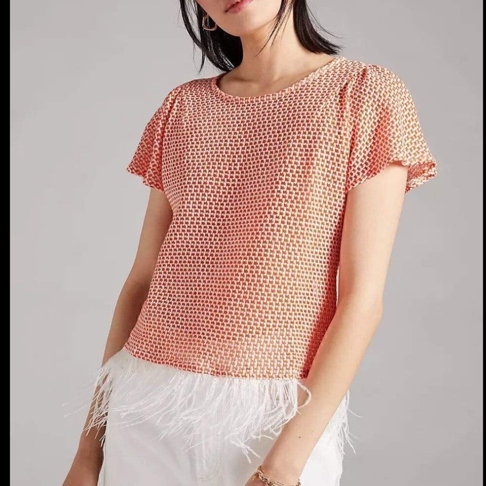 Anthropologie Eva Franco Orange Feathered Shirt | Size M